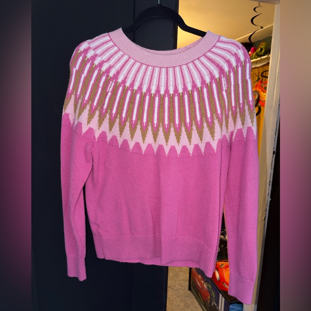 Loft Pink Crew Neck Long Sleeve Geometric Sweater.